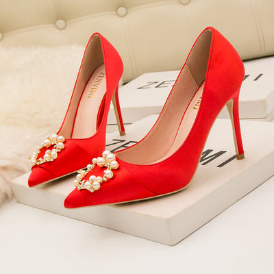 Thin High-heeled Pointed Satin Pearl Buckle Shoes