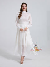 Pleated Silm Waist Long Bubble Sleeve Dress