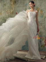 White Satin Tulle Strapless Beading Wedding Dress