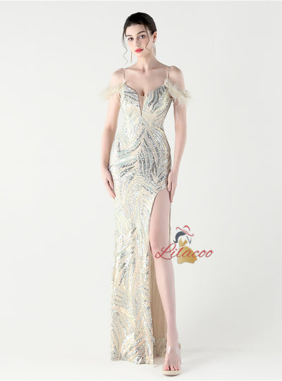 Mermaid Sequins Spaghetti Straps Split Prom Dress