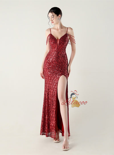 Mermaid Sequins Spaghetti Straps Beading Prom Dress