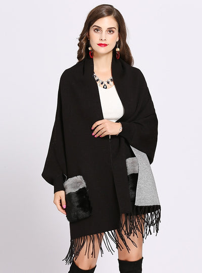 Bat sleeve Double-sided Pocket Fringed Shawl Cloak