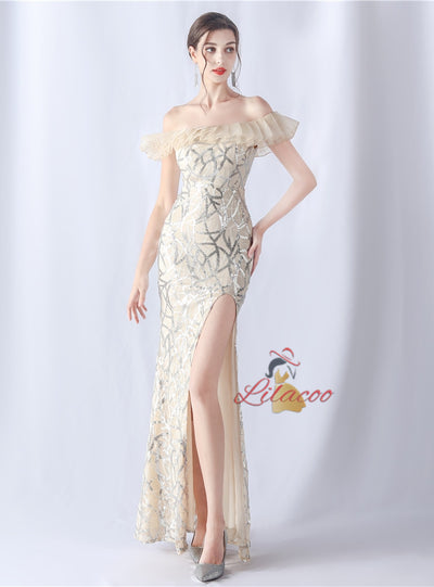 Mermaid Sequins Off the Shoulder Split Prom Dress