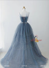 Blue Tulle Tiers Beading Prom Dress