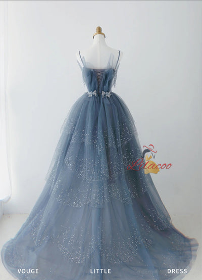 Blue Tulle Tiers Beading Prom Dress