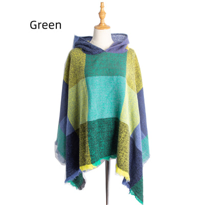 Plaid Pullover Cape Hooded Cape Shawl