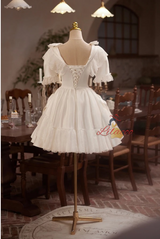 White Satin Lace Short Sleeve Bow Homecoming Dress