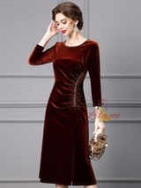 Burgundy Velvet Pleats Mother Of The Bride Dress