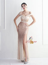 Velvet Sequins Off the Shoulder Prom Dress