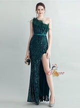 Women One Shoulder Sequins Split Prom Dress
