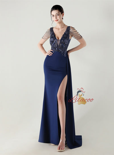 V-neck Appliques Split Beading Prom Dress