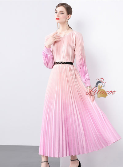 Long Sleeve Print Oversized Pleated Dress