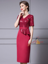 Pink Sequins V-neck Mother Of The Bride Dress