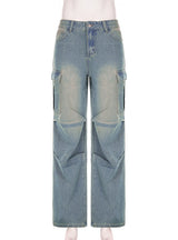 Pleated Low Waist Pocket Straight Jeans