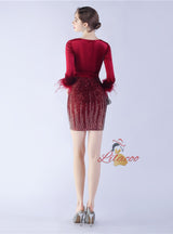 V-neck Sequins Long Sleeve Short Prom Dress