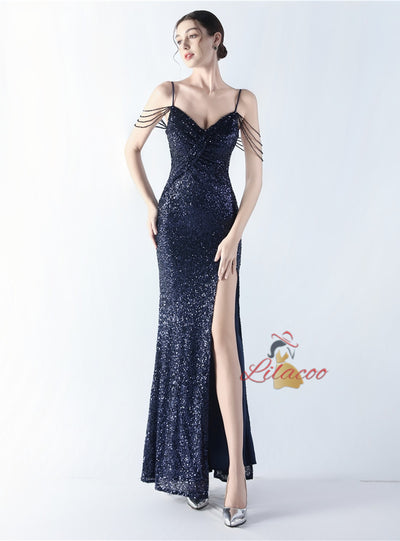 Sequins Straps Beading Split Prom Dress