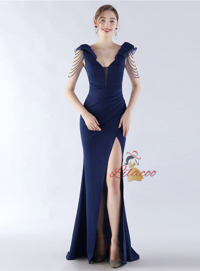 V-neck Mermaid Beading Split Prom Dress