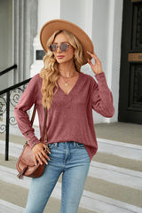 V-neck Loose Long Sleeve Button T-shirt