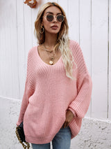 Solid Color Pullover V-neck Loose Sweater