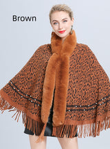Imitation Fox Fur Collar Leopard Beaded Tassel Knitted Shawl
