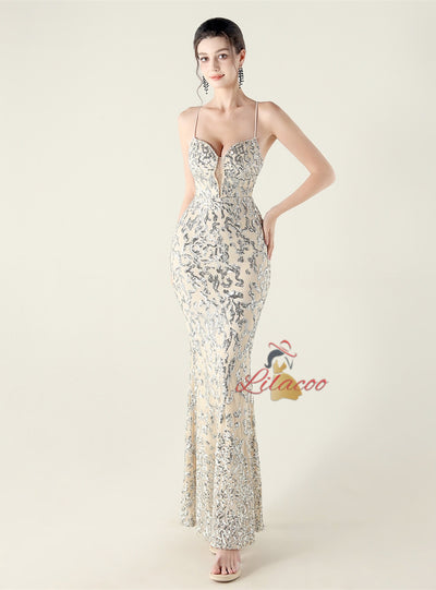 Spaghetti Straps Mermaid Sequins Beading Prom Dress