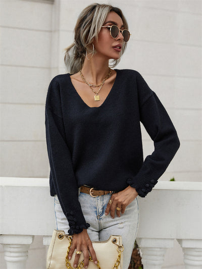 Solid Color Pullover Loose Buttons Sweater