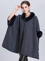 Wool Collar Striped Knit Cloak Shawl