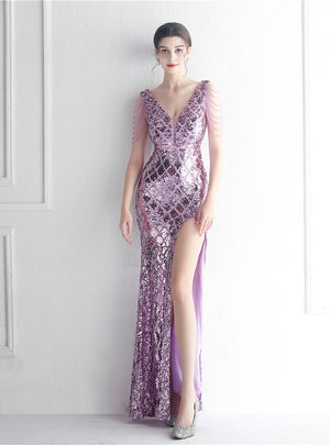 V-neck Sequins Beading Prom Dress