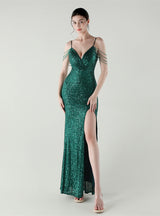 Mermaid Sequins Spaghetti Straps Beading Prom Dress