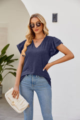 Solid Color V-neck Short Sleeve Loose T-shirt