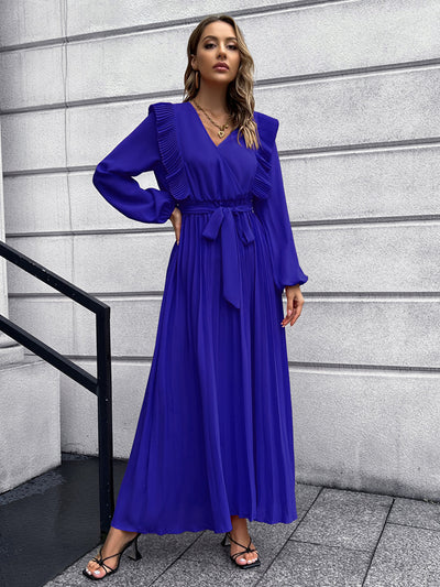 V-neck Pleated Long Sleeve Dress