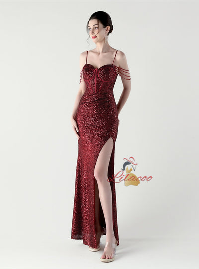 Mermaid Sequins Spaghetti Straps Pleats Beading Prom Dress