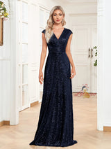 Navy Blue Sequins V-neck Prom Dress