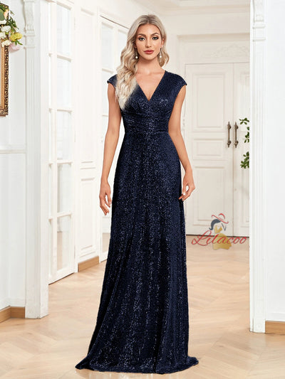 Navy Blue Sequins V-neck Prom Dress
