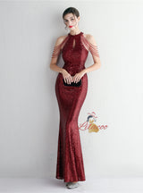 Mermaid Sequins Halter Beading Prom Dress