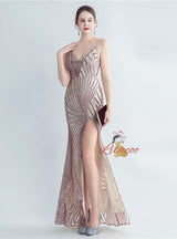 Sequins V-neck Backless Split Prom Dress