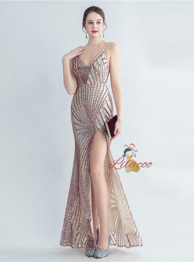 Sequins V-neck Backless Split Prom Dress