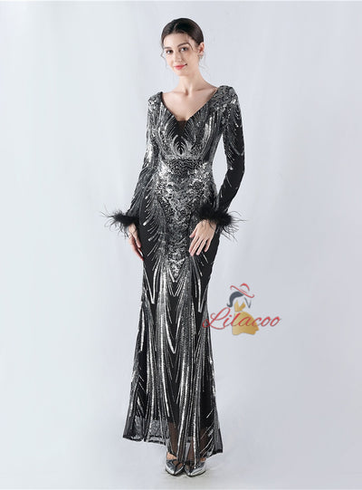 Long Sleeve Mermaid Sequins Prom Dress