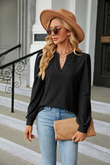 Solid Color V-neck Jacquard Long Sleeve T-shirt