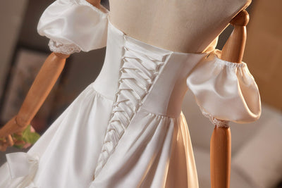 White Satin Strapless Puff Sleeve Wedding Dress