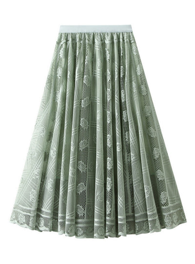 Women Pleated Mesh Lace Skirt