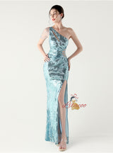 One Shoulder Mermaid Sequins Beading Prom Dress