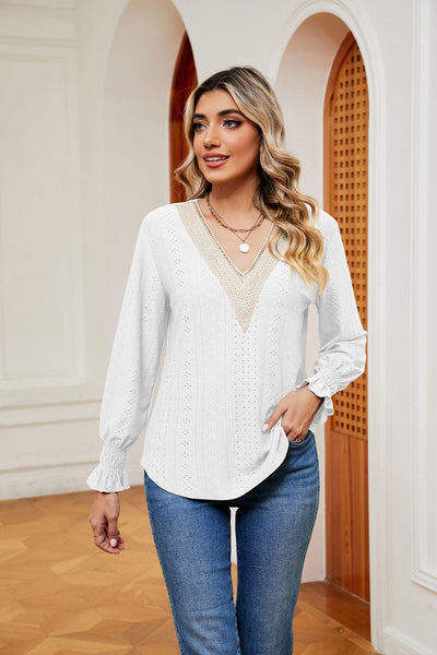 V-neck Stitching Long Sleeve T-shirt