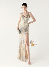 V-neck Mermaid Sequins Feather Prom Dress
