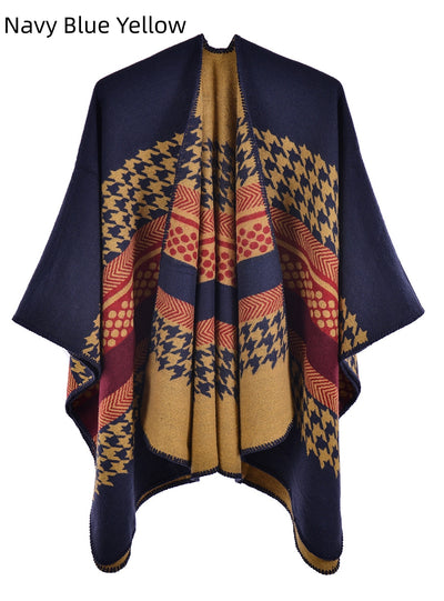 Retro Cashmere Striped Houndstooth Cloak Scarf