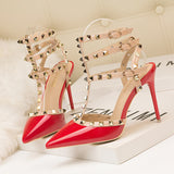 Thin High Heel Patent Leather Metal Rivet Sandals
