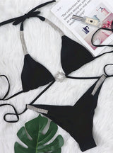 Sexy Strap Rhinestone Pleated Bikini