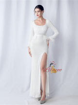 Long Sleeve Mermaid Sequins Split Prom Dress