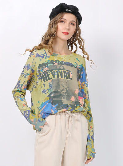 Round Neck Loose Medium and Long Printed Sweater