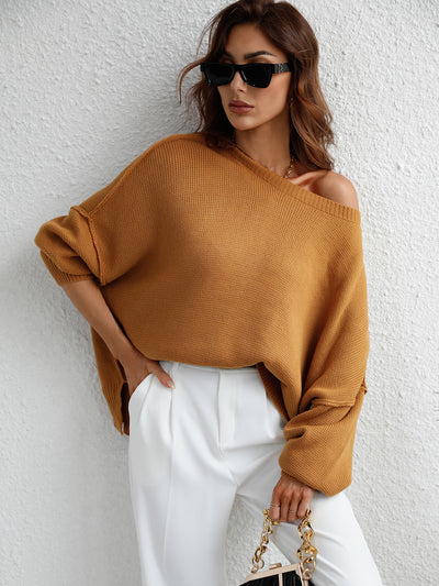 Round Neck Knitted Loose Split Pullover Sweater